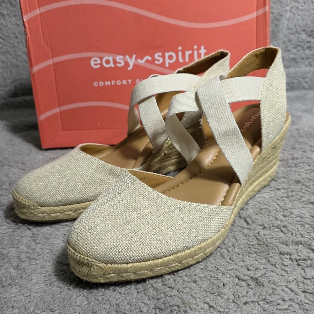 Easy Spirit Meza Espadrille Wedge D'Orsay Sandal Shoes Natural Linen 11M NIB NEW